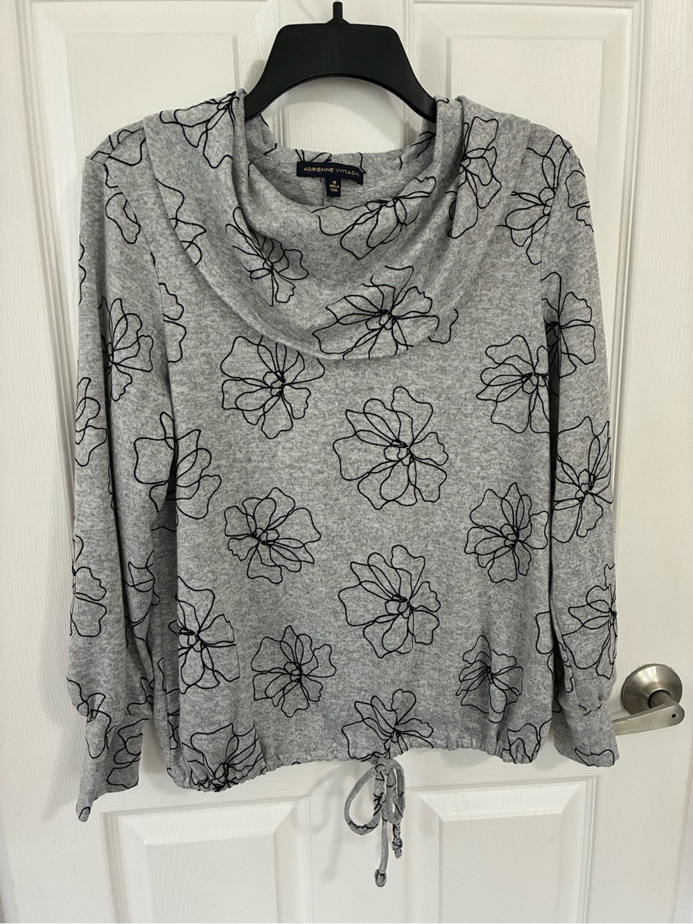 Adrienne Vittadini Gray Floral Cowl Neck Drawstring Hem Sweater Size M